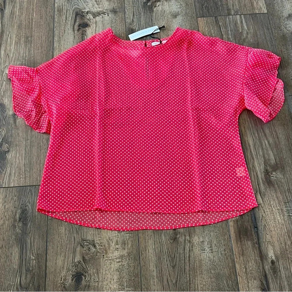 NWT Three Eighty Two Polka Dot Short Sleeve Sheer Top Size Large Red White - Picture 12 of 14